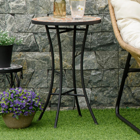 Rootz Garden Table - Side Table - Flower Stool - Plant Stool -  Round Weatherproof Flower Stool - Ceramic/Iron - Yellow/Grey