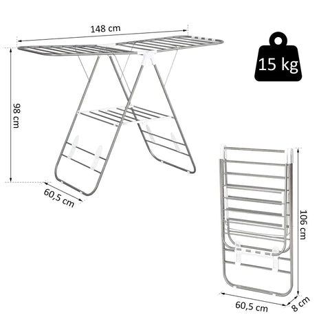 Rootz Folding Clothes Airer - Portable Wing Clothes Dryer - Stand Dryer with Telescopic Rods - Stainless Steel - Plastic - Silver - White - 146 x 60.5 x 98 cm