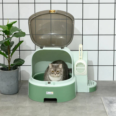 Rootz Cat Litter Box - 2 Pull-Out Trays - 1 Shovel - Litter Tray - Removable Hood - Green + Black - 52cm x 60cm x 42cm