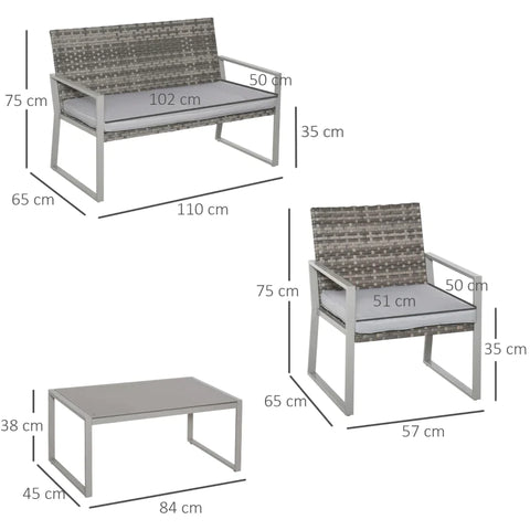 Rootz Garden Furniture Set - 4pc Rattan Furniture - Single Sofa Arm Chairs - Bench With Cushions - Coffee Table - Garden Furniture - Backyard Seating - Stylish And Comfort - Grey