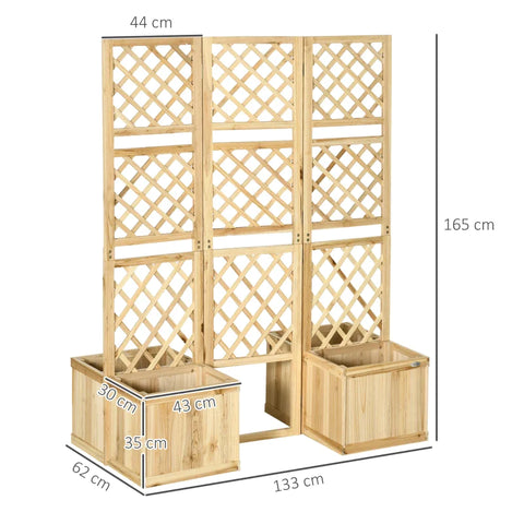 Rootz Garden Screen - Triple Folding - 4 Flower Boxes - Privacy Screen - Solid Wood - Natural - 133 x 62 x 165 cm
