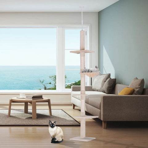 Rootz Scratching Post - Ceiling High - Height Adjustable - Cat Tree with Sisal Columns - Cat Scratching Post - Cat Climbing Tree - Beige - 40 x 34 x 230-260 cm