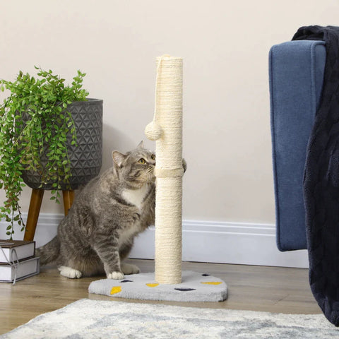 Rootz Scratching Post - With Play Ball - Compact Size - Robust Jute Rope - Light Gray + Beige - 35 x 35 x 62 cm