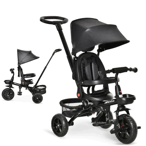 Rootz Tricycle - 4-in-1 Children's Tricycle - Children's Bike - Tricycle With Push Rod Rotating Seat - Foldable Removable Children's Car - Black - 111.5 x 52 x 98 cm
