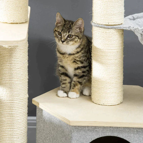 Rootz Kratzbaum – Haus mit 2 Hängematten – umrandete Plattform – waschbare Kissen – Grau – 59,5 x 45 x 89 cm