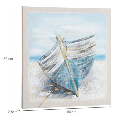Rootz Painting - Mural - Wall Art - Boat On The Beach Mural - Wall Pictures - Nostalgic art - Canvas (Polyester)/Pine Wood/Watercolor (Propylene) - Blue/Beige/White - 80L x 80W x 2.8H cm