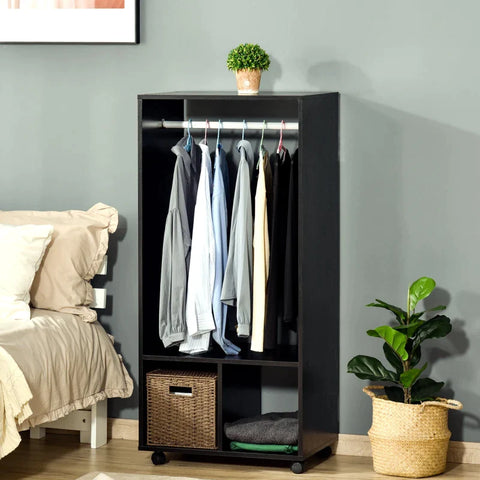 Rootz Wardrobe Sets - Mobile Wardrobe - Wardrobe Cabinet - Shelf 4 Swivel Wheels - Living Room - Bedroom Aluminum - Black - 60 x 40 x 128 cm