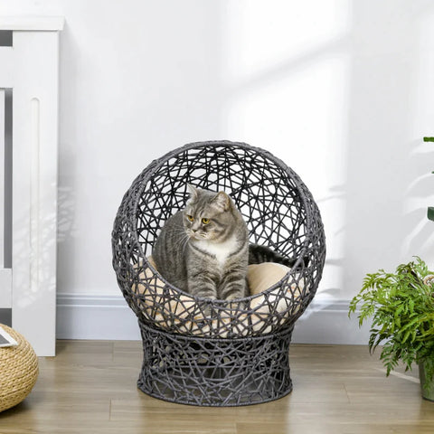 Rootz Cat Basket - Cat Cave Including Cushion - 2-part - Cat Bed - Polyester Rope - Cream White + Brown - 50 cm x 50 cm x 60 cm