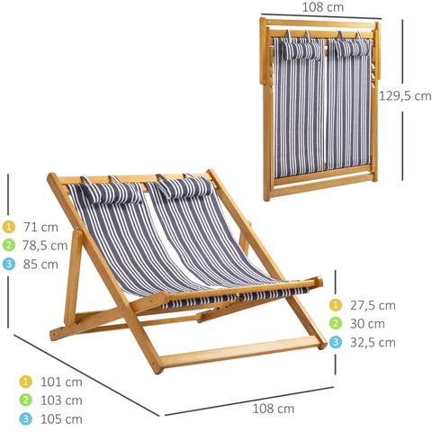 Rootz Lounge Chair – 2-Personen-Sonnenliege – klappbarer Lounge-Sessel – bis zu 200 kg – Pappel – Oxford – Teak/Grau/Weiß – 108 x 105 x 85 cm