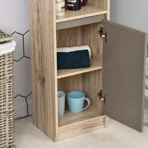 Rootz Bathroom Shelf - Bathroom Cabinet - Kitchen Cabinet - 2 Door Cabinets - 2 Open Shelves - Chipboard + MDF - Gray + Natural - 30 x 24 x 170cm