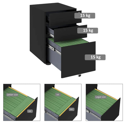 Rootz File Cabinet - Rolling Container - Office Container - 3 Drawers - Steel Metal - Home - Office - Black