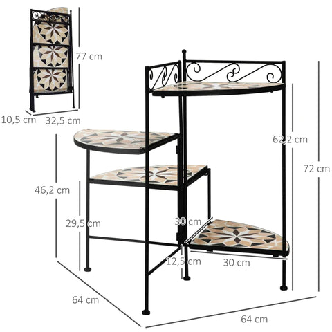 Rootz Bloemenstandaard - Plantenplank - Plantenplank - 4-Tier Bloementrap - Opvouwbaar - Tuin Balkon - Metalen Keramische Tegels - Zwart/Beige - 64 x 64 x 72 cm