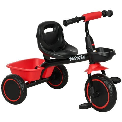 Rootz Children's Tricycle - Lap Belt - 2 Baskets - Height-adjustable Seat - Metal Frame - Children 2-5 Years - Steel Plastic - Black+red - 80L x 48W x 63H cm
