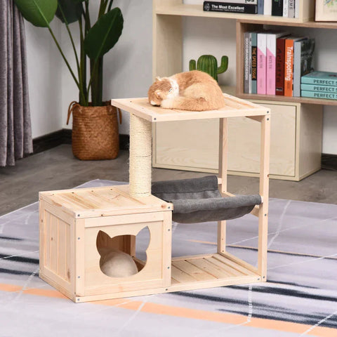 Rootz Kattenhuis - Kattenhuis met Hangmat - Kattengrot - Krabpaal - Kattenactiviteitencentrum - Dennenhout - Naturel - 70 x 35 x 60 cm