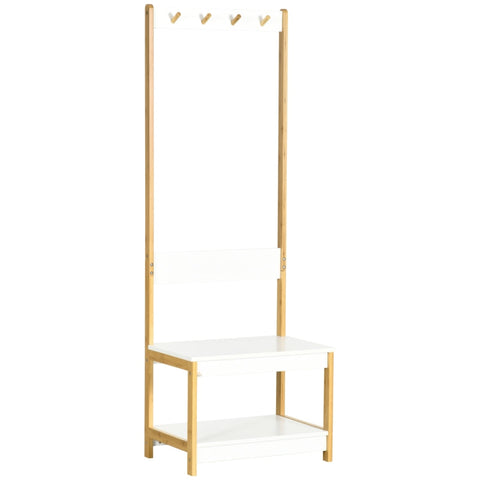 Rootz Wardrobe With Shoe Bench - 3 Pairs Of Shoes - 4 Coat Hooks - MDF + Bamboo - Natural + White - 61L x 40W x 172H cm