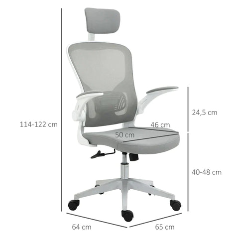Rootz Bürostuhl – Ergonomischer Schreibtischstuhl mit Wippfunktion – hohe Rückenlehne, Lordosenstütze – Kopfstütze – klappbar – Armlehne – Zuhause – Büro – Grau – 65 x 64 x 114–122 cm