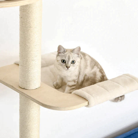 Rootz Krabpaal - Krabpaal - Klimboom voor hoog plafond - Houten kattengrot - Sisal pluche - In hoogte verstelbaar - Crème - 50 x 50 x 232-252 cm