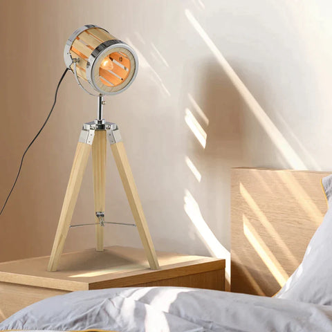 Rootz Table Lamp - Bedside Lamp - Tripod Lamp - Wood Tripod Frame - Spotlight Design - Natural/Silver - 30 cm x 30 cm x 68 cm