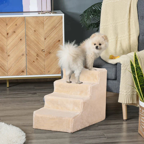 Rootz Pet Stairs - 4-Step Dog Ramp with Removable Cover - Cat Stairs - Dog Stairs - Animal Stairs - Chipboard - Plush - Beige - 60 x 35 x 44 cm