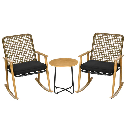 Rootz Garden Furniture Set For People - 2 Rocking Chairs - 1 Side Table - Robust Pollyrattan - Including Seat Cushions - Black - 61cm x 80cm x 91cm