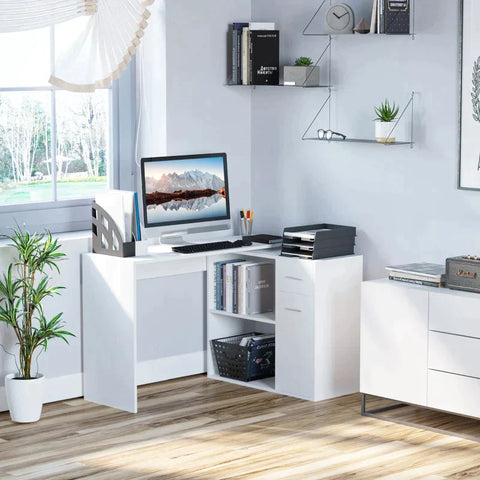 Rootz L-Shaped Desk - Computer Desk - Corner Desk - Storage Shelf And Drawer - White - 117x82x74 Cm