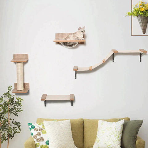 Rootz Climbing Wall For Cats - Cat Climbing Wall With Scratching Post - Cat Stairs - Cat Furniture Hammock - Sisal Acrylic Pine - Light Brown - 100L x 25.5W x 17.5H cm