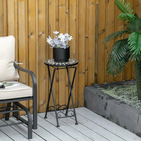 Rootz Plant Stand - Flower Stand - Plant Holder - Foldable Round - Metal/Ceramic Tile - Black/White/Yellow