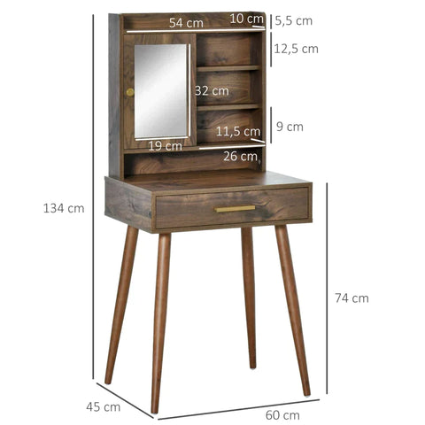 Rootz Cosmetic Table - Kaptafel - Met Spiegel &amp; Lade - Spaanplaat/Rubberhout/Glas - Walnoot - 60 x 45 x 134 cm