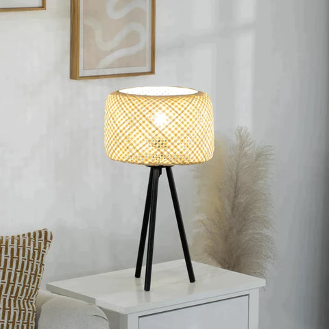 Rootz Table Lamp - Bedside Lamp - Desk Lamp - Boho Style Table Lamp - Bamboo/Metal - Natural/Black - 28cm x 28cm x 53cm