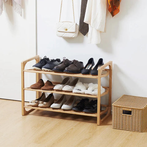 Rootz 3-tier Shoe Rack - Bamboo Shoe - Storage Organizer - Slatted Shelves - Free Standing Shoe - Raised Edges - Shelf Stand - 9 Pairs Of Shoes - Entryway - Hallway - Natural - 76 x 33 x 51 cm