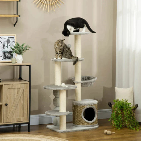 Rootz Scratching Post - Cat Climbing Tower - Cat Tree - Cat Cave - Cat Bed - With Hanging Ball - Light Grey - 60cm x 40cm x 115.5cm