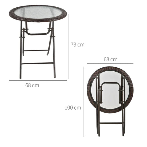Rootz Garden Table - Folding Round - Tempered Glass - Table Top - Steel Frame - Rattan Decor - Brown - 68 x 68 x 73 cm