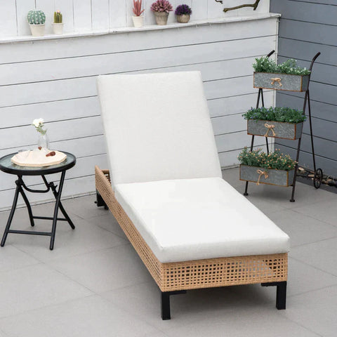 Rootz Gartenliege – Loungesessel – Sonnenliege – Balkonliege – PE Rattan – Polyester – Natur + Beige – 65 x 200 x 31 cm