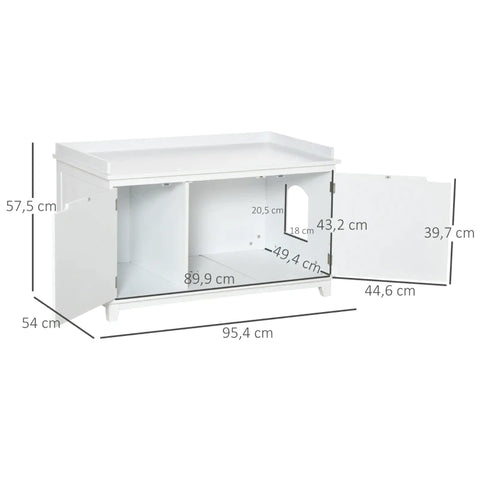 Rootz Litter Box - Cat Cabinet - Litter Box Cat House - Chest Of Drawers Cat Cave - With Partition Cabinet - MDF - White - 95.4 x 54 x 57.5 cm