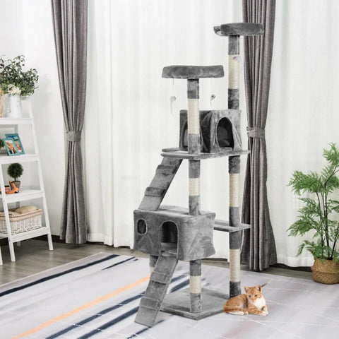 Rootz Scratching Post - Cat Tree - Cat Climbing Tree - Climbing Tree - Cat Tree Scratching House - With Cat Cave - Grey - 50 x 50 x 170 cm