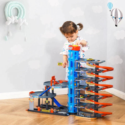 Rootz Parking Garage - Multi-storey Car Park For Children - Parking Garage Play Set - Toy Cars Complete With Helicopter - Blue/Grey/Red - 92 x 46 x 71 cm