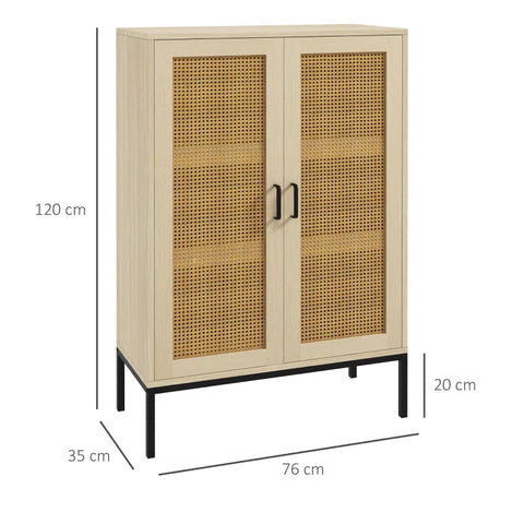 Rootz Sideboard - Boho Style - Viennese Weave Look - 2 Adjustable Shelves - Charming Rattan Doors - Chest Of Drawers - Chipboard - Oak - 76W x 35D x 120Hcm