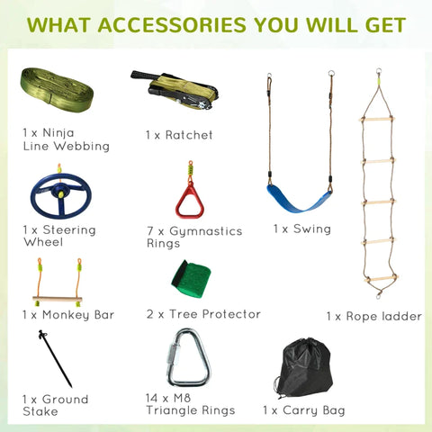 Rootz Climbing Rope Set - Ninja Slackline Set - 13 M Hanging Obstacles - For 3-14 Years Children - Children Climbing Training Rope - Training Equipment - With Monkey Bars - Rope Ladder - Swing - Gym Rings