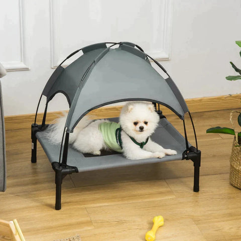 Rootz Pet Bed With Canopy - Raised Dog Bed - Outdoor Dog Lounger With Roof - Breathable - Taffeta Grey - 61 x 46 x 62 cm
