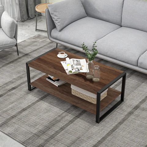 Rootz Side Table - Industrial Design - With Lower Shelf - Steel Frame - Living Room - Wood + Black - 120 x 60 x 45cm