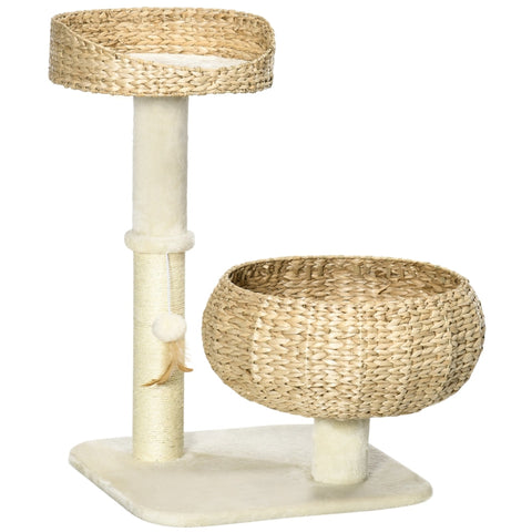 Rootz Scratching Post - Two Cat Beds - With Washable Cushions - Two Scratching Posts - Toy Ball - Beige/Cream White - 48 x 48 x 72cm