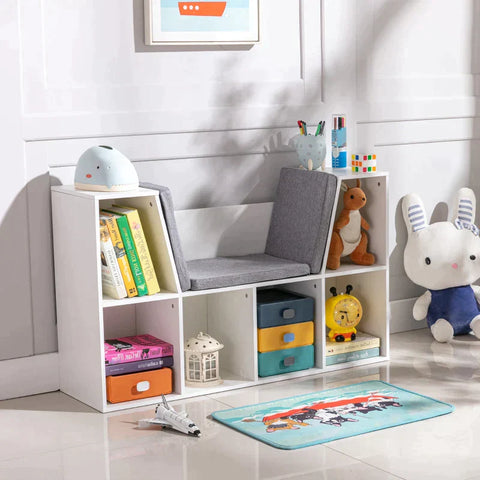 Rootz Children's Shelf - 2-In-1 Children's Shelf - Shelf With Bench - Upholstery - Mdf/Melamine/Foam/Polyester - White/Grey - 103 cm × 30 cm × 60 cm