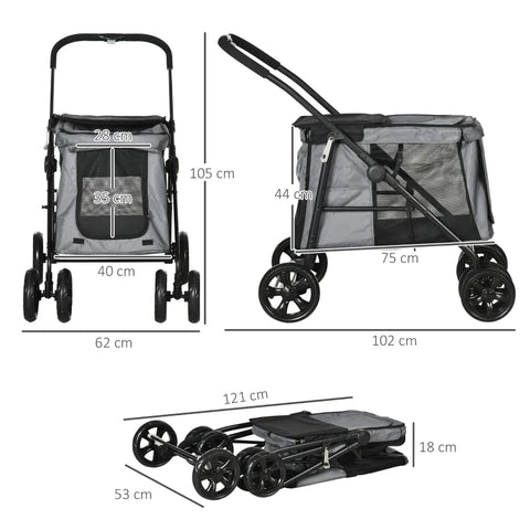 Rootz Dog Trolley With Cushion - 3 Side Pockets - Foldable Dog Trolley - Safety Leashes - Storage Bags - Gray + Black - 102 cm x 62 cm x 105 cm