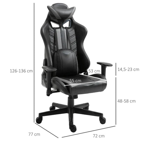 Rootz Gaming Chair - Gaming Chair With Rocker Function - Office Chair - Computer Chair - Desk Chair With Lumbar Cushion - Height Adjustable - Black/Grey - 72 x 77 x 126-136 cm