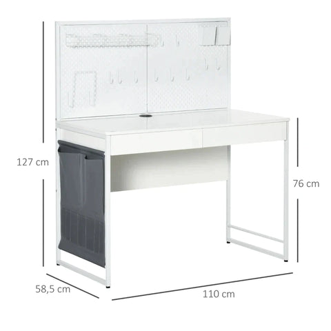 Rootz Computertisch – Computertisch mit 2 Schubladen – inkl. Memo-Gitter + 10 Haken – Seitentasche – Stahl – Spanplatte – Weiß + Grau – 110 L x 58,5 B x 127 H cm