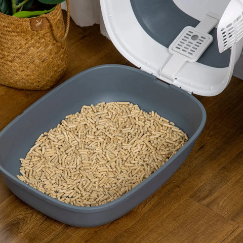 Rootz Cat Litter Box - With Litter Scoop - Entrance With Floor Grid - Removable Lid - White + Gray - 52 x 41 x 38 cm