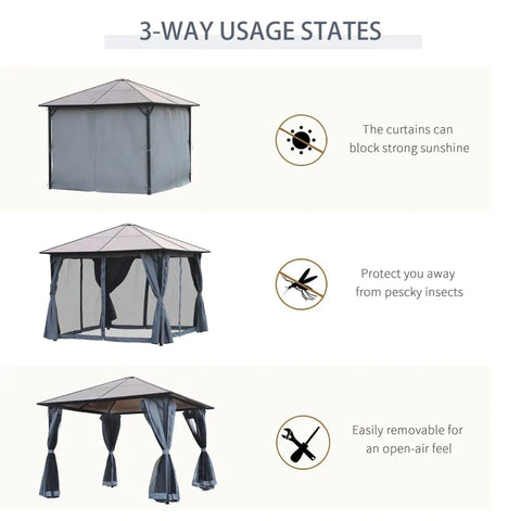 Rootz Gazebo - Garden Pavilion - Party Tent With Side Panels - PC Roof - Aluminum - Dark Grey - 300L x 400W x 265H cm