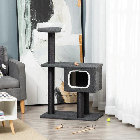 Rootz Krabpaal - Krabpaal Voor Katten - Klimboom Met Kattenhol - Sisalpalen - Groot Platform - Speelballen - Stabiel - Zwart - 70 x 41 x 112 cm