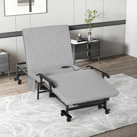 Rootz Folding Bed - Guest Bed - Reclining Backrest & Footrest With Remote Control - Grey + Black - 190 x 76 x 33 cm
