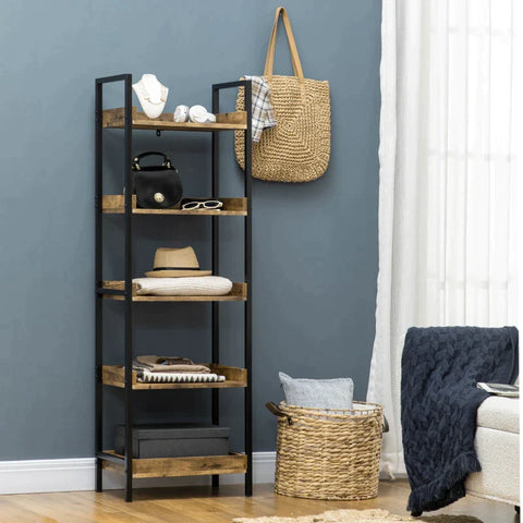 Rootz Storage Rack - Industrial Design Ladder Rack - Standing Shelf - With Large Storage Space - 5 Shelves - Brown/Black - 48 cm x 30 cm x 155 cm